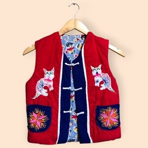 Vintage Kids Handmade Quilted Embroidered Patchwork Vest Cat Asian Folklore
